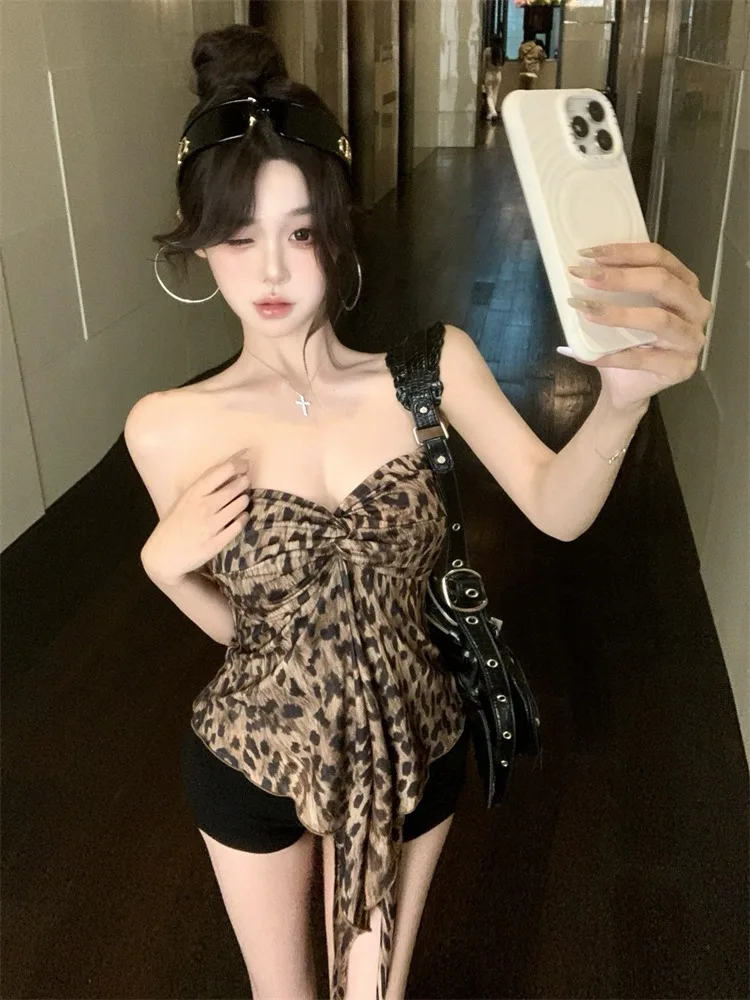 

Sexy Leopard Print Backless Knot Crop Top Women Summer Slim Fit Sleeveless Outerwear Design Spicy Girl Inner Wear Top
