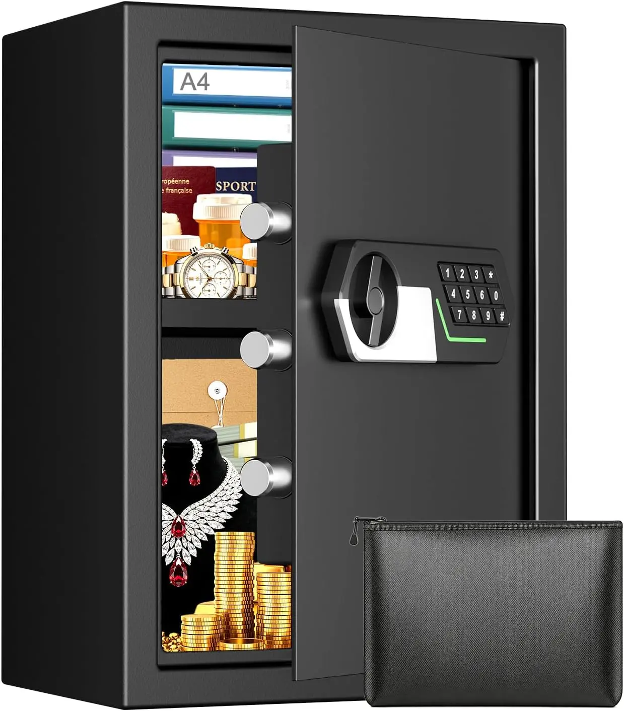 Large Home Safe with Fireproof Bag, Digital Security Safe Box with Electronic Keypad Key and Removable Shelf, Document Safe for