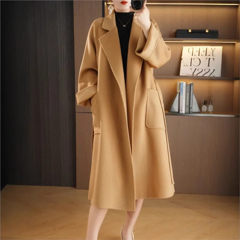 

Новое двустороннее шерстяное пальто для женщин, удлиненное, свободного кроя, до колен, с поясом.