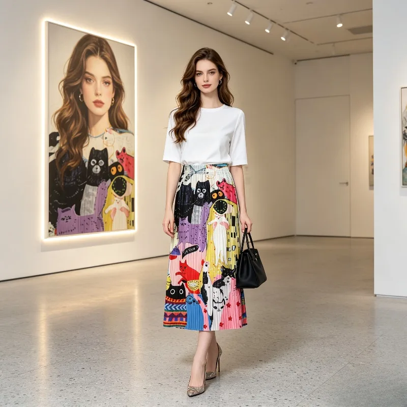 Miyake Pleated 2026 New Cute Cat Playful Print Pleated Skirt Women High Waist Slimming Straight Skirt Mid-Length Skirt Pleat