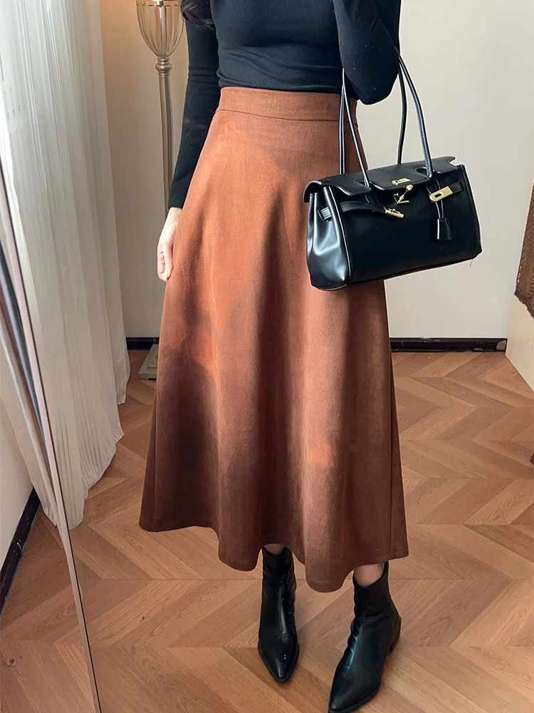 

TIYIHAILEY-Long Mid-Calf Suede Skirt for Women A-line Autumn Winter New Fashion 2025 Brown Black High Waist Custom Made XS-3XL