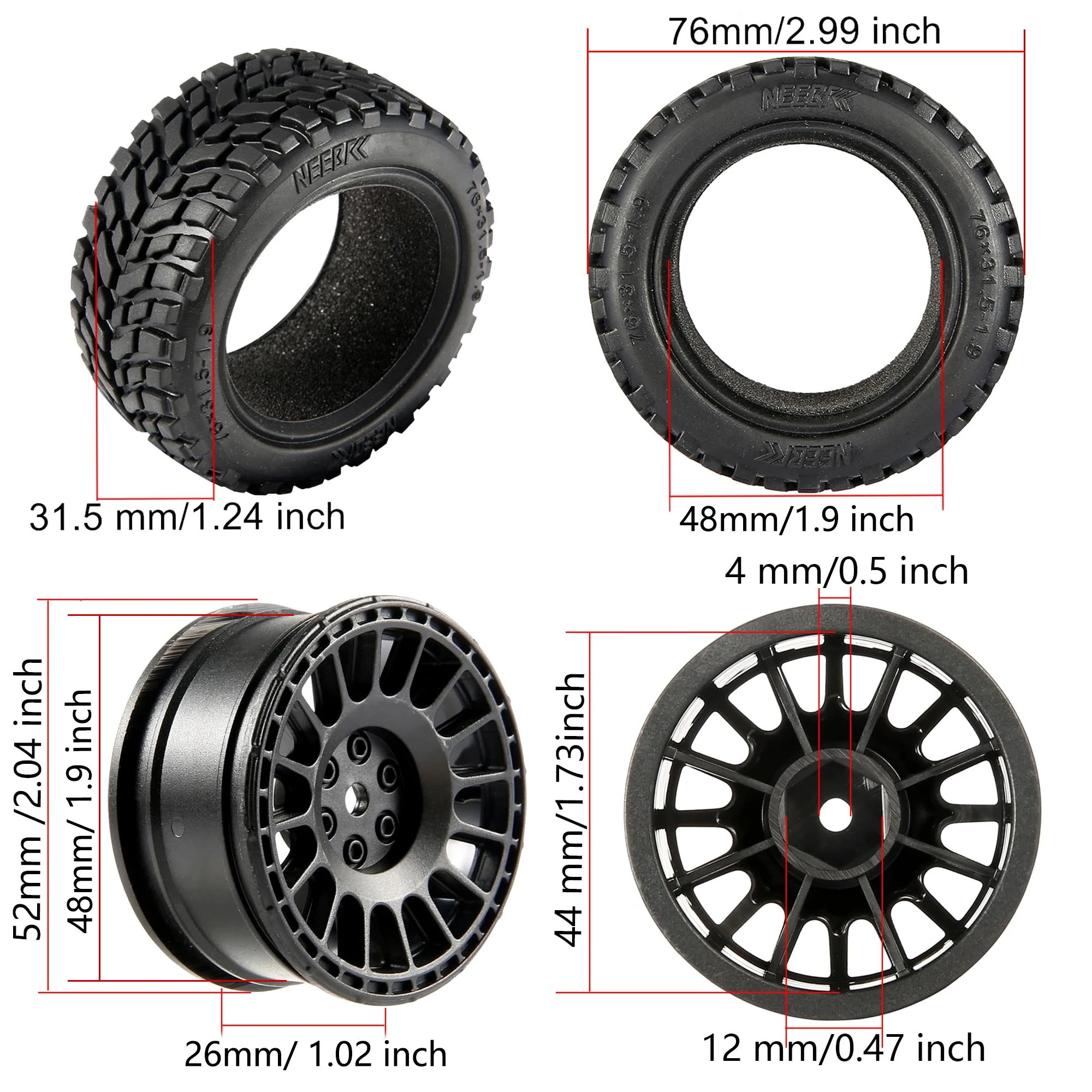 NEEBRC 1,9-calowe 75-milimetrowe opony do wózków terenowych Koło 12 mm Piasty sześciokątne do Wltoys144001 1/12 1/14 1/10 Scx10 Traxxas Trx-4 Tamiya