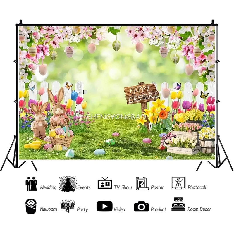 

SHENGYONGBAO Green Spring Easter Day Photography Backdrops Props Hare Rabbits Colorful Eggs Wood Photo Studio Background VV-14