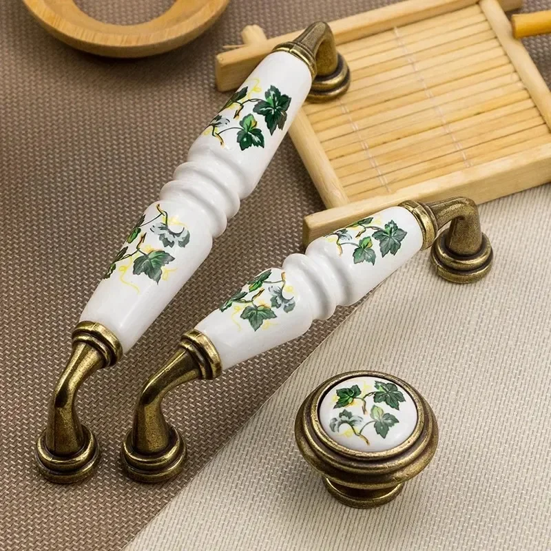 緑/赤葉キャビネット取手ドレッサーキッチン家具用プルノブ 1 個ヴィンテージ田舎セラミック引き出し食器棚ドアハンドル