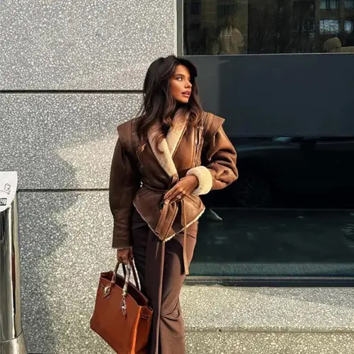 Winter Women Streetwear Parka Faux Lamb Leather Fur Short Jacket with Belt Moto Biker Thick Warm Sheepskin Coat Outwear - Image 2