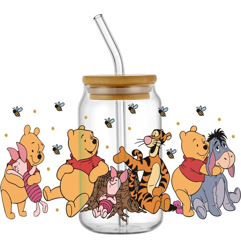 Miniso Cartoon Transfer Sticker Pooh and Friend UV DTF Cup Wrap for 16oz Libbey Glasses Waterproof DIY MUG Decal Sticker