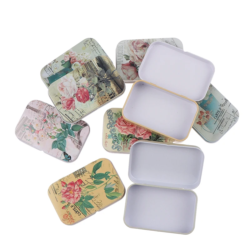 1 Pc Vintage Flower Printed Small Tin Box Metal Storage Case Empty Candy Coin Pill U Disk Organizer Container Hinged Box