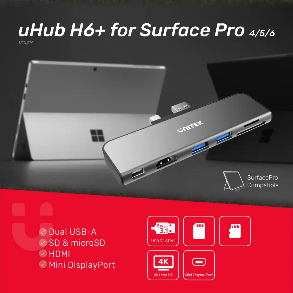 Unitek USB HUB 3.0 Multiport Splitter 6 in 1 Mini Display Docking Station 4K HDMI Micro SD for Microsoft Surface Pro