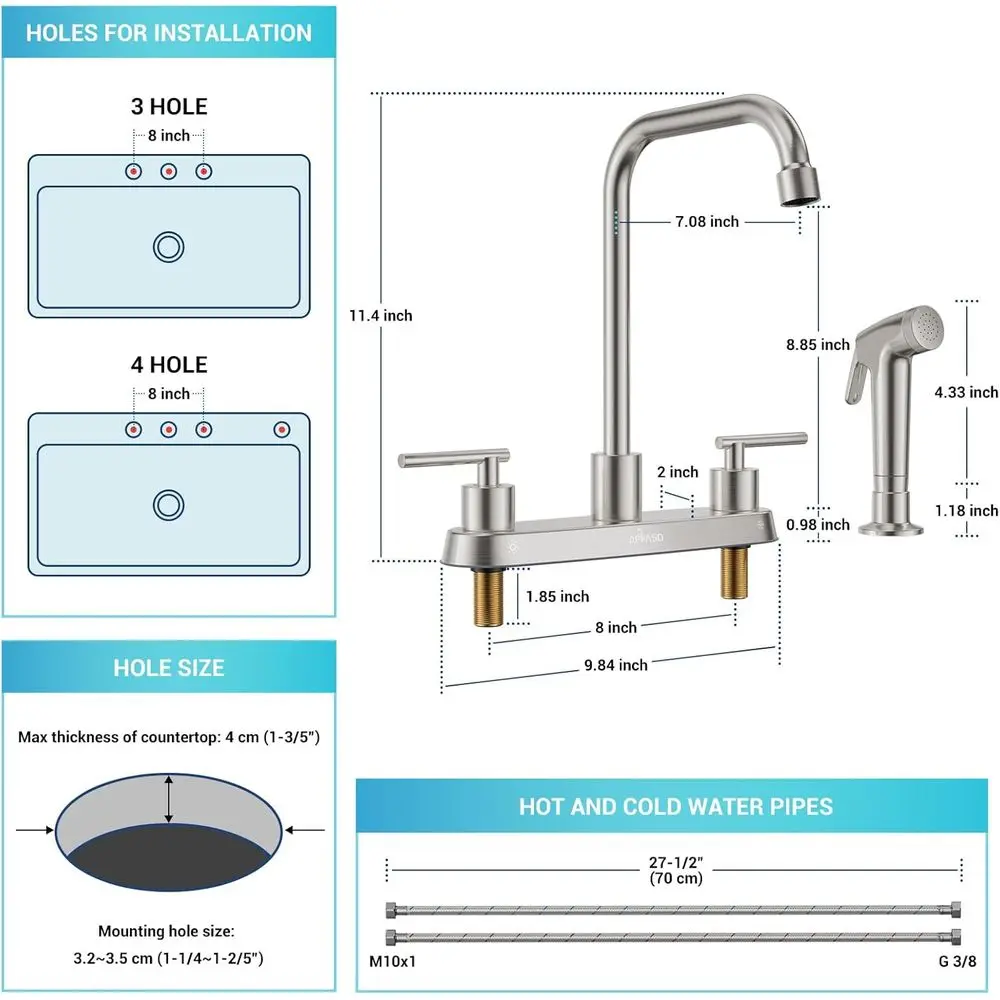 3-Hole Stainless Steel Kitchen Faucet with High Arc Sprayer in Brushed Nickel Finish