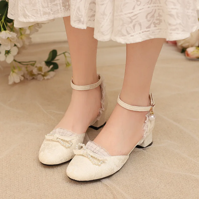 Women Lolita Mid Heel Chinese Jacquard Ruffle Beaded Closed Toe Summer Sandals