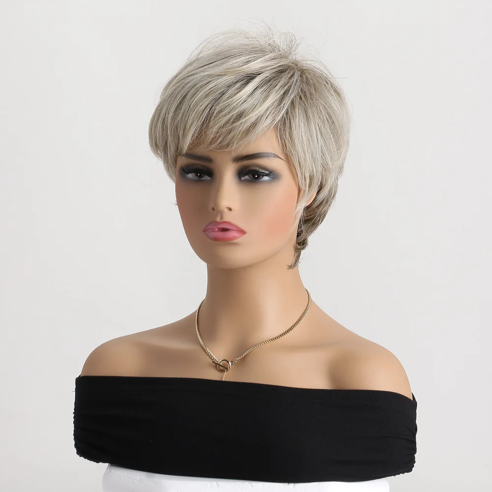 Short Wig Brown Mixed Blonde Synthetic Wigs Straight For Women Hair With Bangs Hair Breathable Rose Mesh Daily Party Cosplay Use