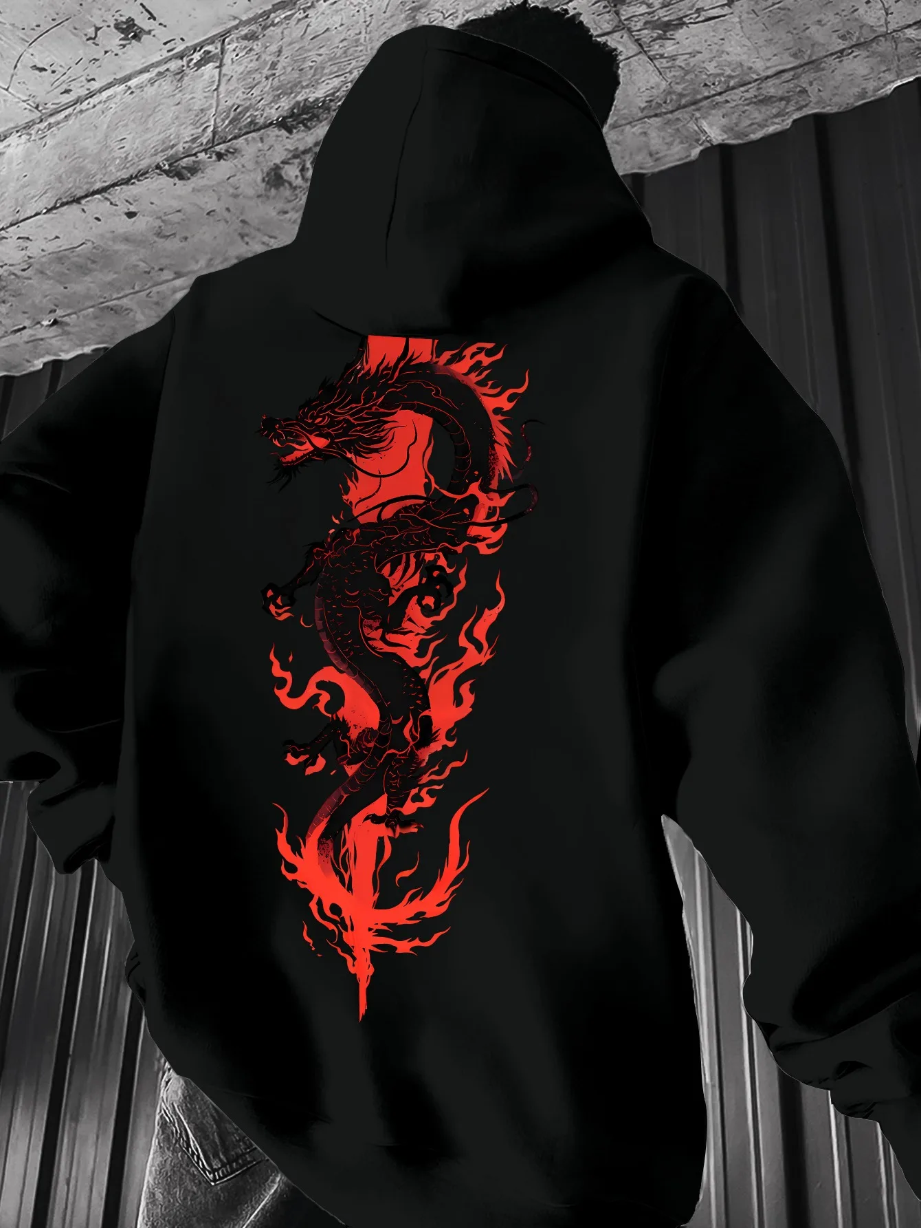 Men's Red Flame Chinese Dragon Embroidered Hoodie with Retro Oriental Dragon Pattern Fall/Winter Street Style Hooded Sweatshirt