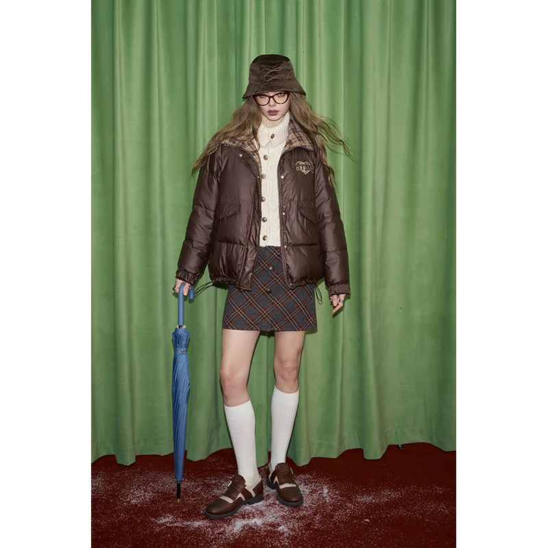 ELFSACK デザイン リバーシブル チェック柄 ハート刺繍 ラペル ショート ダウンジャケット 女性用