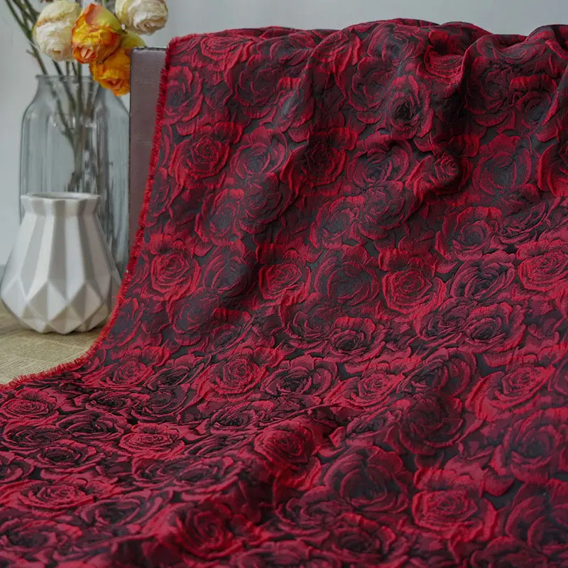 Vintage Embossed Dark Red 3D Rose Jacquard Fabric Flower Yarn Dyed Fabric For Diy Sewing Dress Suit Bag Garments Upholstery