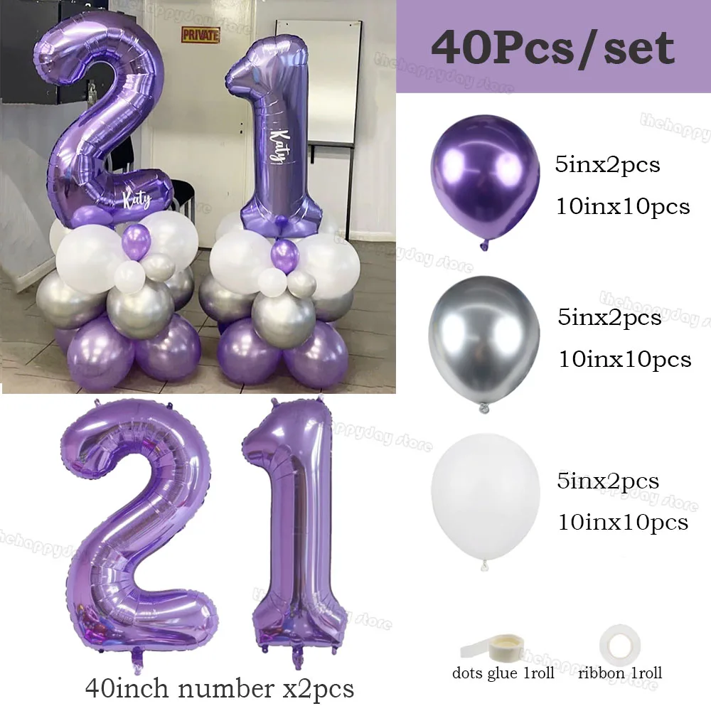 1 Set Purple Number Balloons Set 40IN Mermaid Birthday Number Foil Balloons for 20 30 40 50th Birthday Anniversary Party Decor