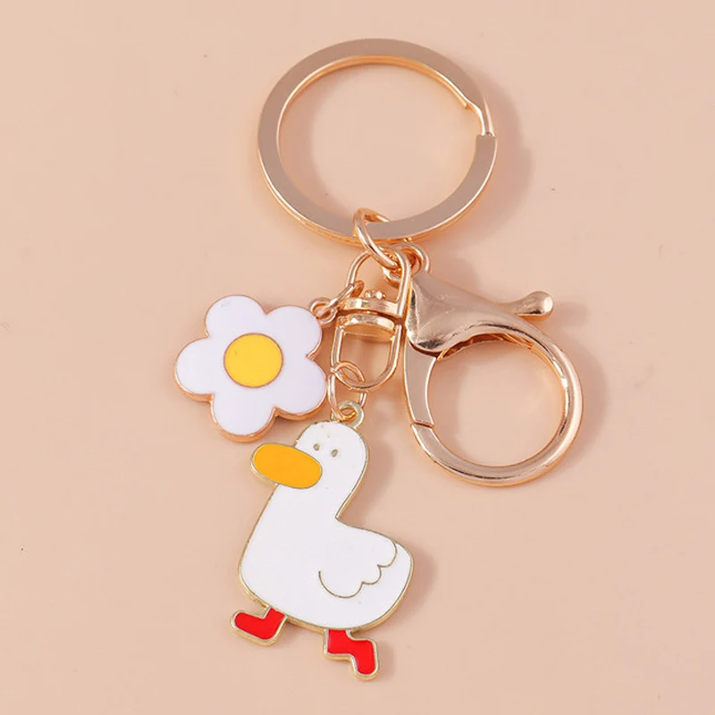 Aihua Cute Flower and Little Yellow Duck Keychain For Women Men Girls Lovely Duck Key Rings Handbag Car Key Jewelry Accessories