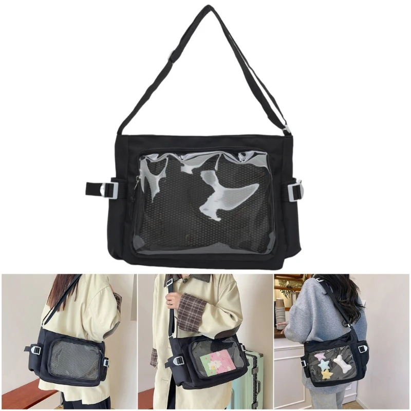 

H3CB Practical Nylon Bag with Adjustable Strap Transparent Badge Showcase Handbag