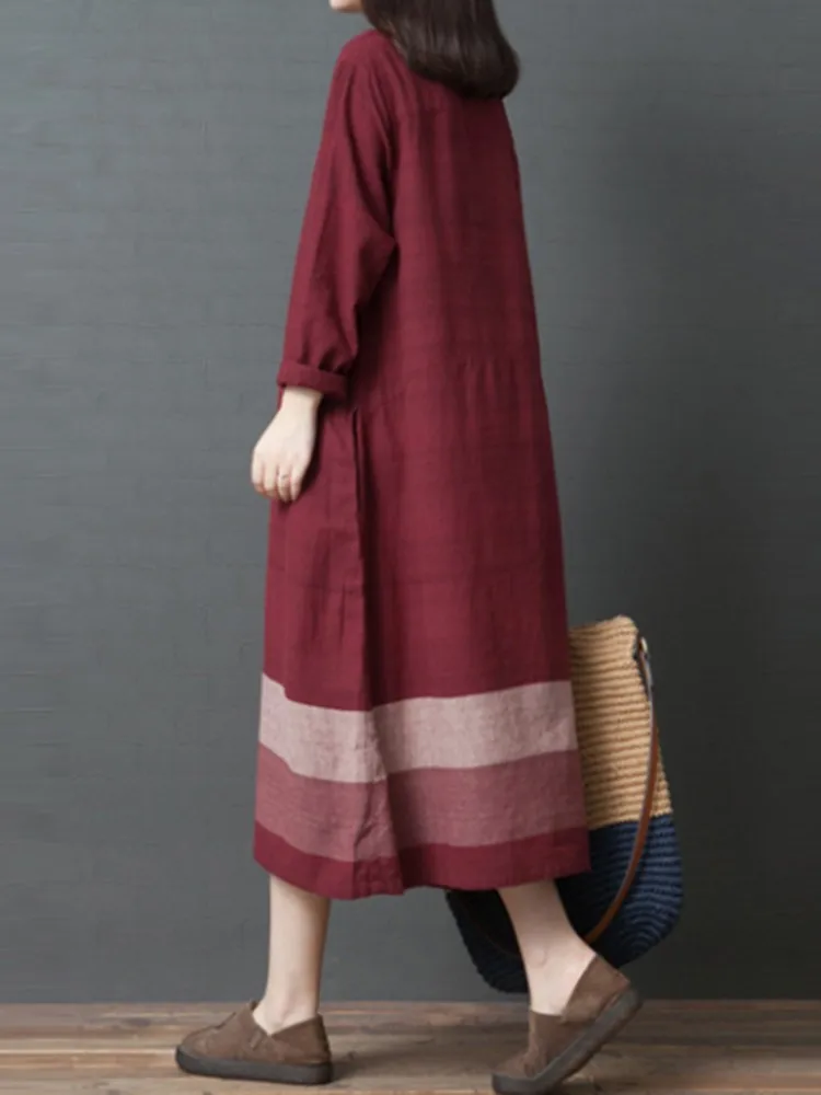 Women Casual Dress New Arrival 2023 Autumn Vintage Style O-neck Loose Comfortable Female Cotton Linen Long Dress B2881