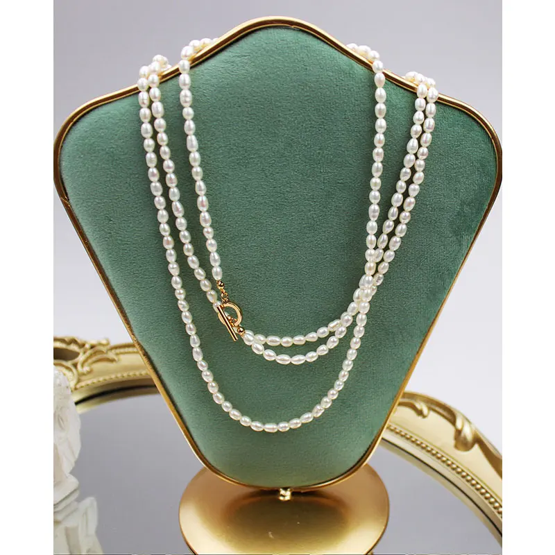 HENGSHENG Long Chain Necklace For Women Freshwater Natural Baroque Pearls Necklace 4-6mm Rice Shape Beads Vintage Sweater Chain