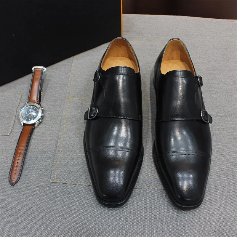 Luxury Handmade Genuine Leather Men\'s Shoes Formal Classic Double Buckle Monk Shoes Pointed Toe Business Dress Wedding Men Shoes