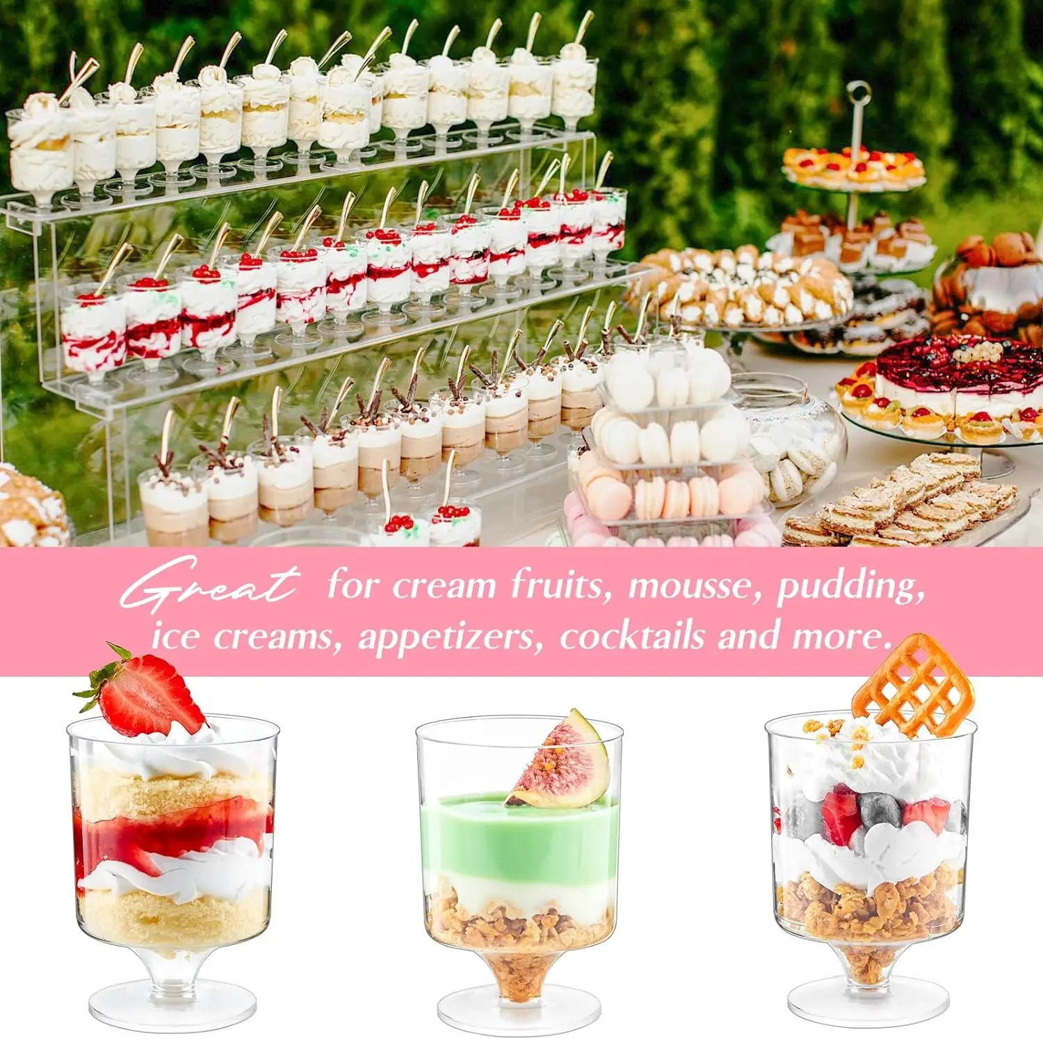 10PCS 5 oz Mini Dessert Cups with Spoons Small Dessert Cups Plastic Footed Wine Glasses for Serving Trifles, Appetizers
