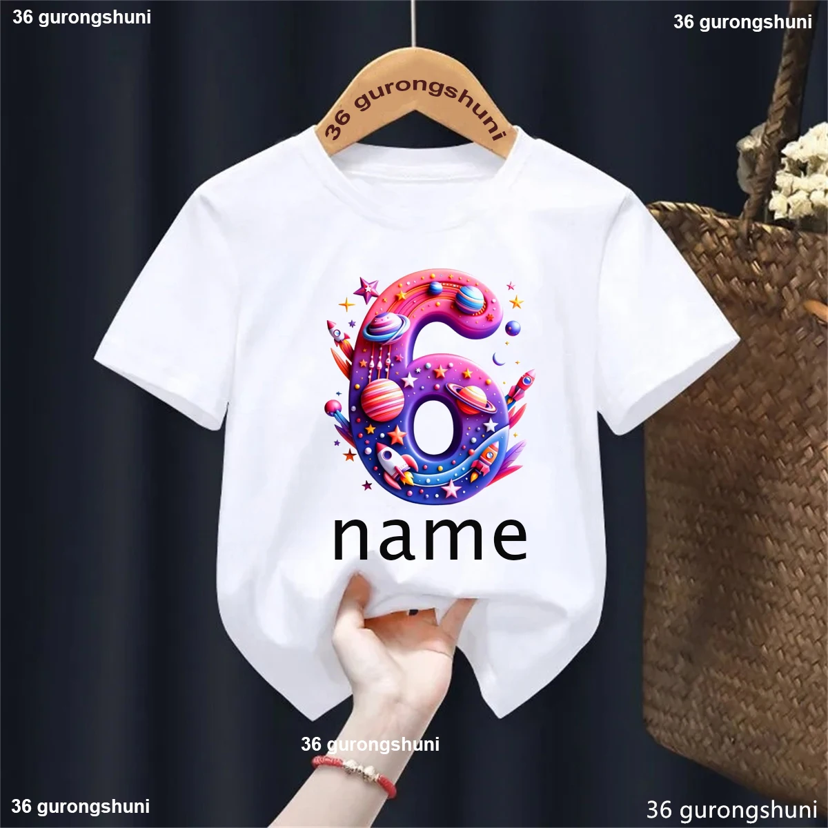 Custom Name 6th Birthday Gift Printed T Shirt Girls/Boys Astronaut Spacecraft Planet Tshirt Kawaii Kids Clothes Solid T-Shirt