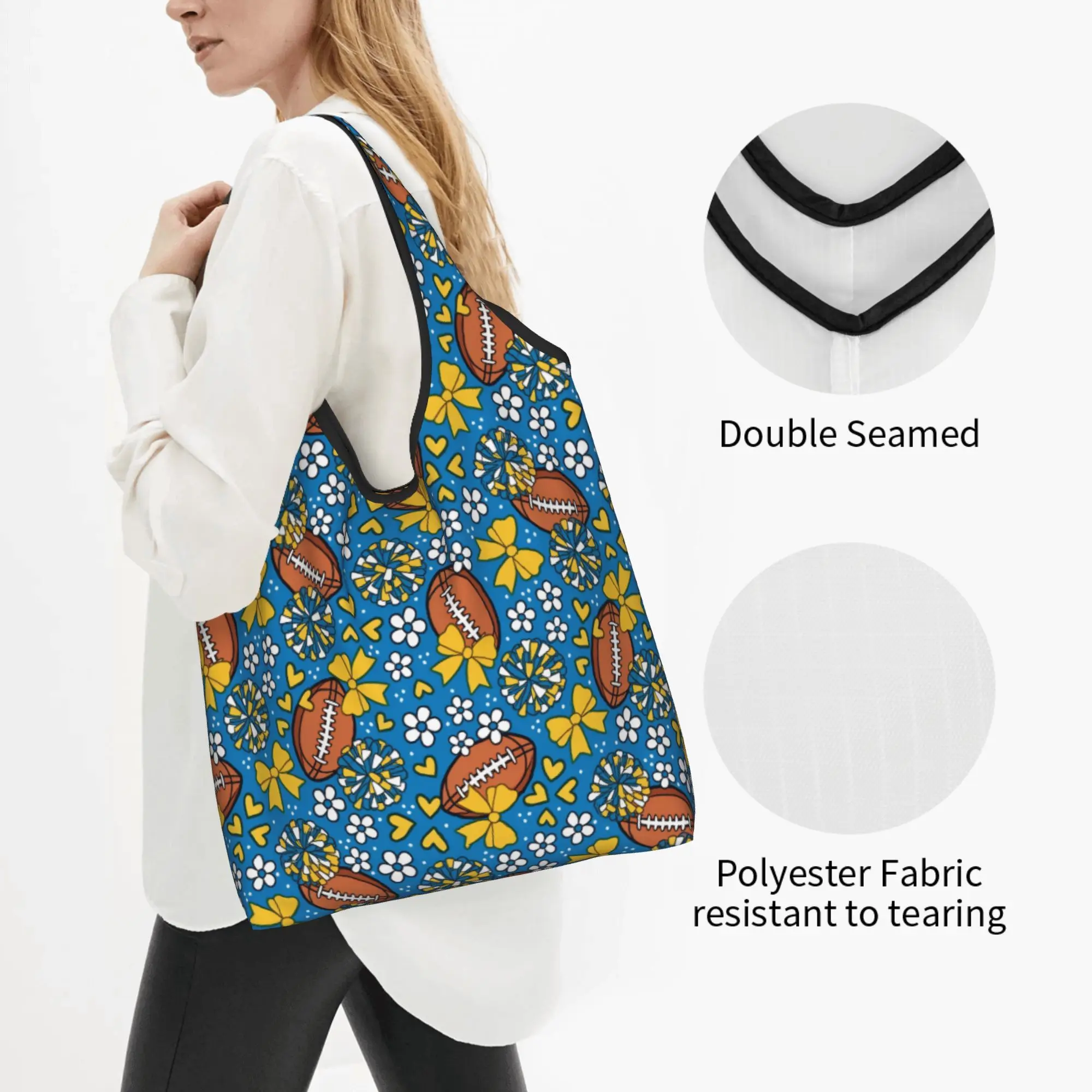 Funny Printing Cheer Bows Rugby Union Football  Shopping Tote Bags Portable Shoulder Shopper Blue Yellow  Handbag