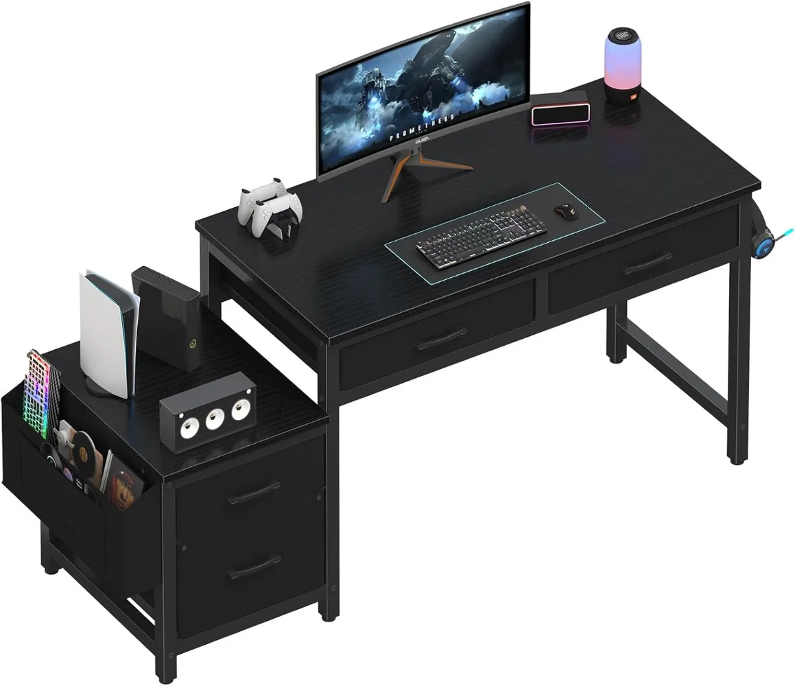 Gaming Desk with Fabric File Drawers Cabinet, 57 Inch Home Office Desks with Reversible Filing Cabinet Printer Stand