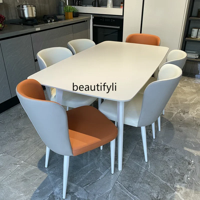 Cream Style Stone Plate Dining Tables and Chairs Set Modern Simple Small Apartment Home Pure White Stone Plate Rice Table