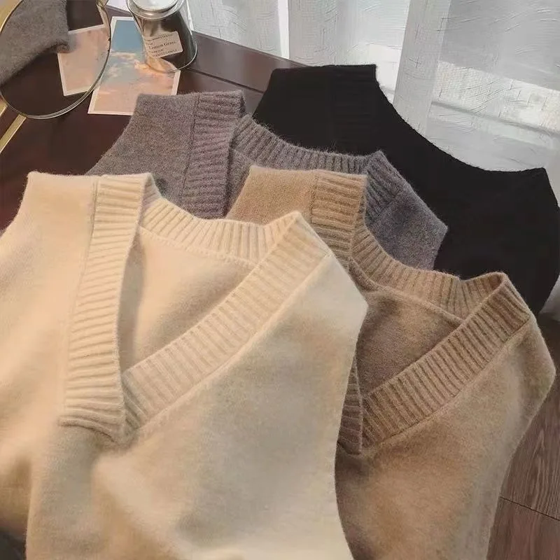 Sweater Vests Women Korean Style Sleeveless Knitted Tops Deep V-neck Simple Students Loose All-match Solid Casual Skin-friendly