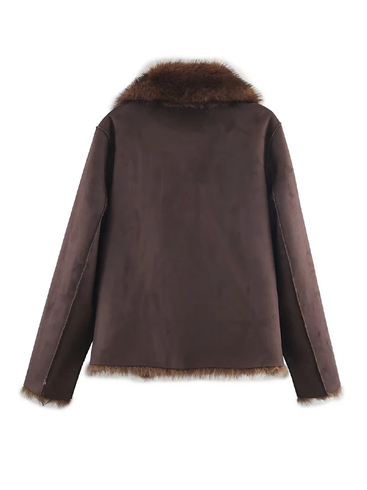 HH Women Reversible Faux Fur Effect Jacket Lapel Single Breasted Pocket Long Sleeves Warm Outwear Female Chic Casual Street Coat
