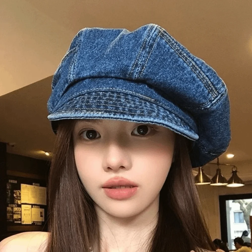 

Korean Vintage Washed Denim Beret Cloud Visor Octagonal Cap Artist Newsboy Peaked Hat Outdoor