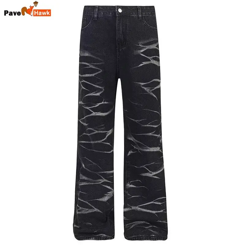 

New American Autumn High Street Men Jeans Black Retro Wave Texture Design Straight Leg Denim Pants Trendy Cowboy Trousers Unisex
