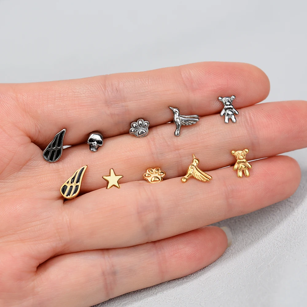 1PC Fashion 316 Stainless Steel Mini Litter Bear Skull Wings Stud Earring For Women Cartilage Helix Tragus Piercing Body Jewelry