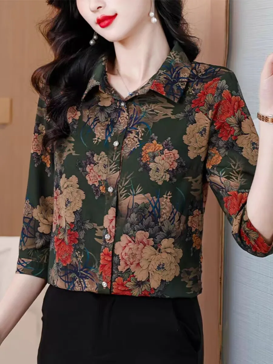 2025 ثلاثة أرباع أنيقة الربيع الصيف امرأة بلوزة بلايز أنثى رفض طوق الشيفون فضفاض مكتب الحلو الزهور المطبوعة