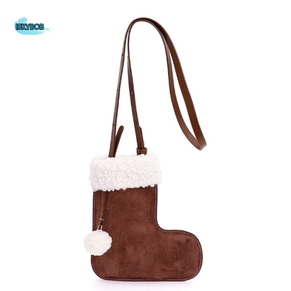 

Sweet Korean Style Suede Crossbody Bag LambWool Fluffy Christmas Sock Bag Phone Storage Lightweight Boot Bag Women