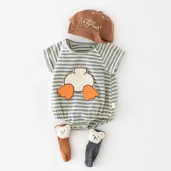 Milancel Summer Baby Clothing 2024 New Thin Stripe Bodysuit Cartoon Duckling Short Sleeve One Piece For Newborn Baby Boys Girls