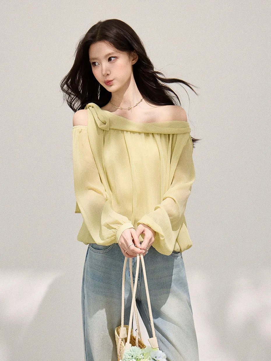 

Asymmetric Shoulder Bared Long Sleeve Chiffon Top Women's Loose Slimming Thin Style Spring Fashion Design Casual Wear