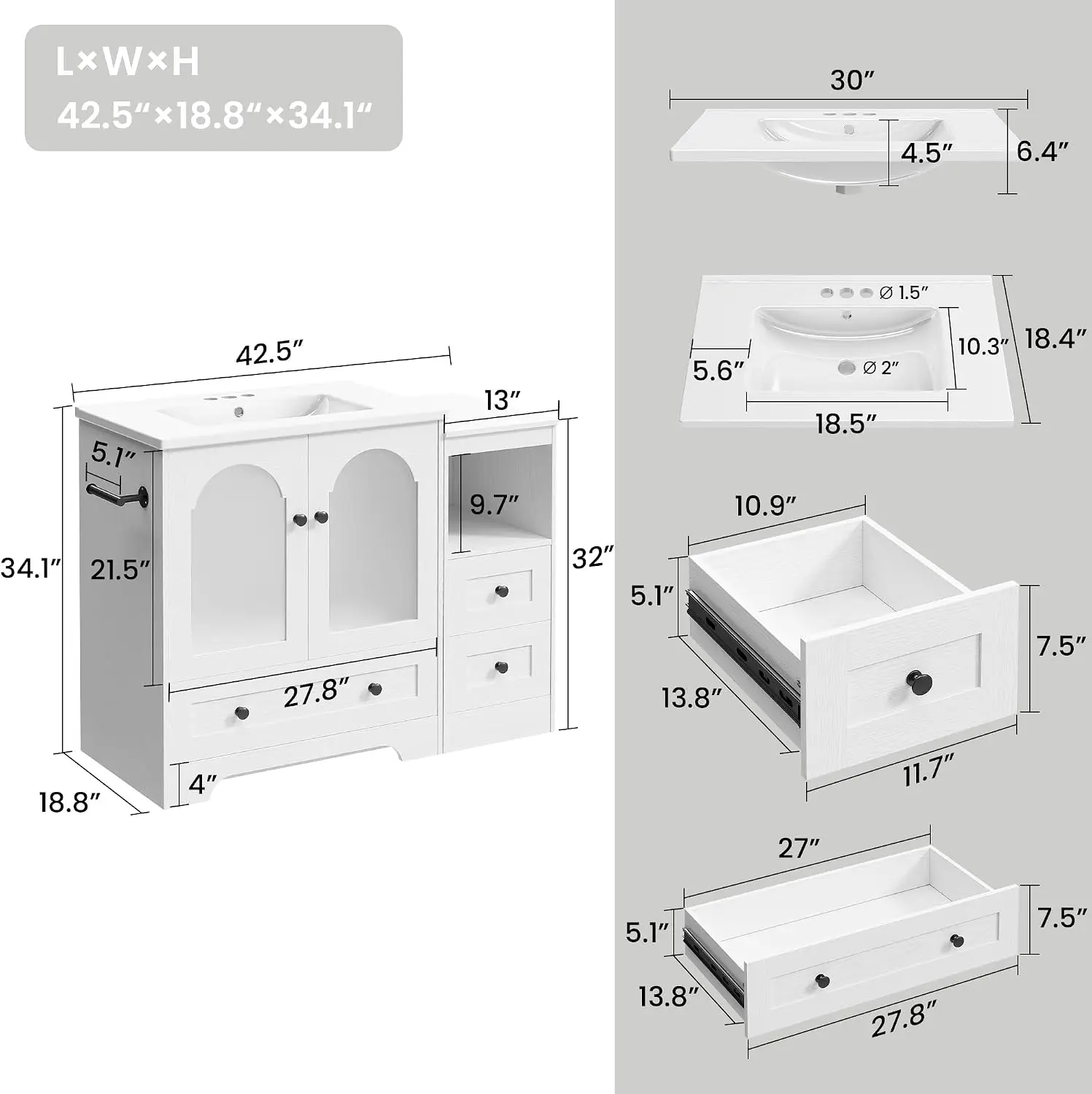 42 Inch Bathroom Vanity with Sink Set, Reversible Design, White | Modern Bathroom Storage Cabinet with 3 Drawers, 2 Visual