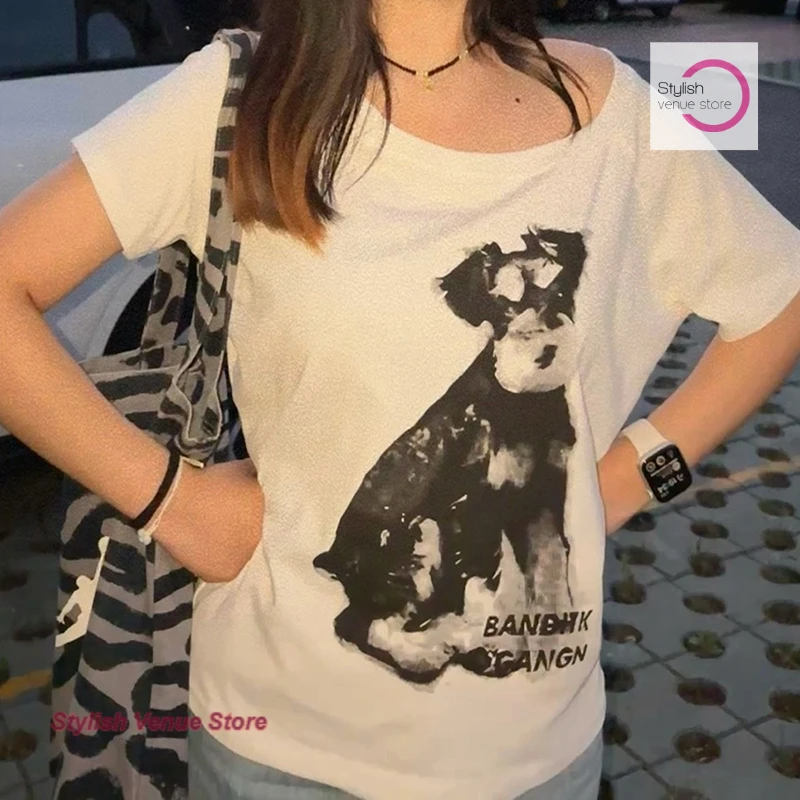 American Spice Girl Puppy Printed Slant Shoulder Short Sleeve T-shirt Women's Summer Loose and Lazy Off-the-Shoulder Joker Top