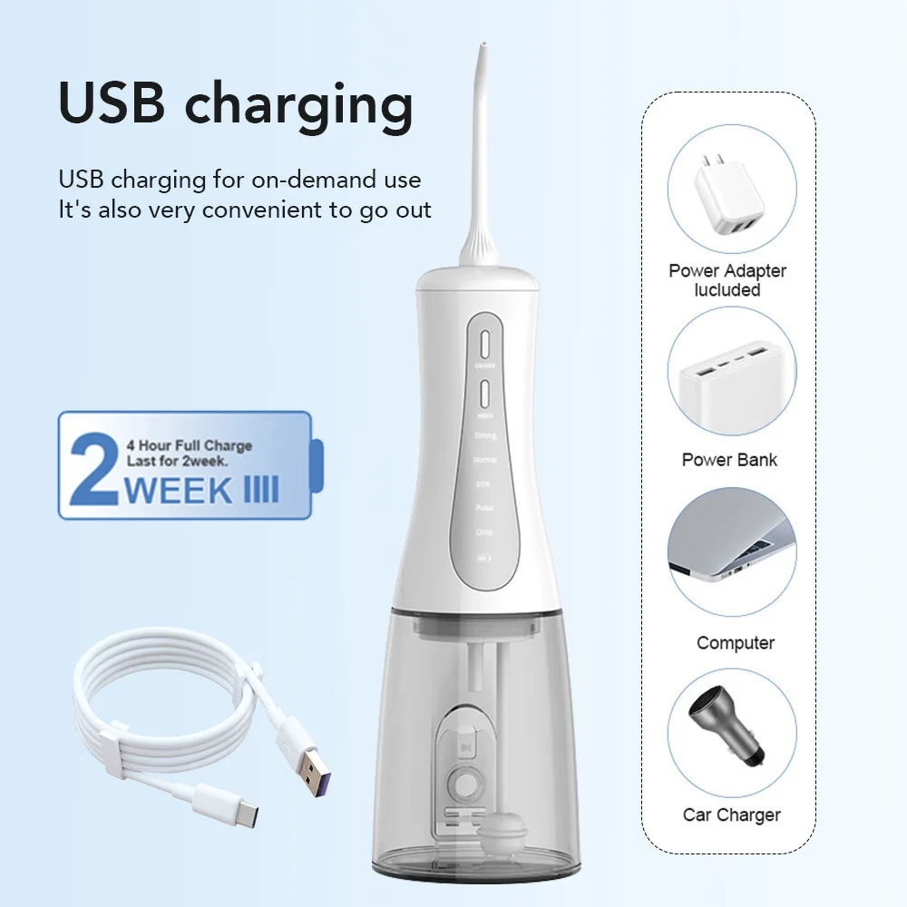 Nuevo irrigador Oral, hilo Dental recargable por USB, chorro de agua Dental portátil, limpiador de dientes impermeable de 350ML, 6 puntas para el cuidado bucal