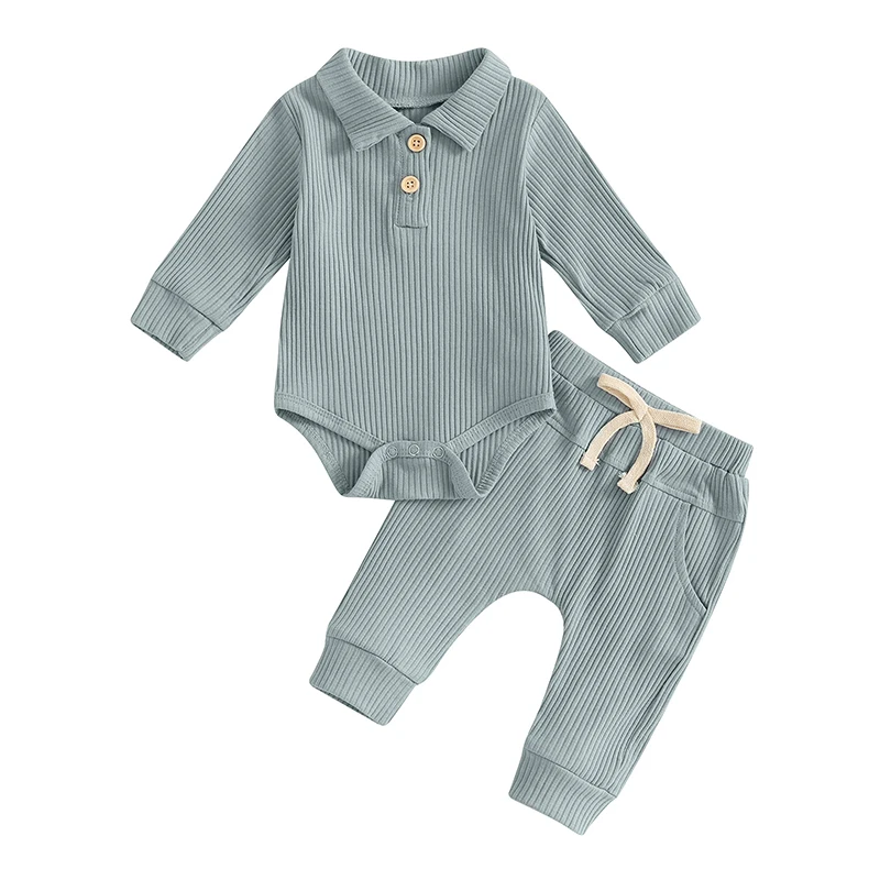 

Newborn Baby Boy Ribbed Clothes Button Long Sleeve Lapel Neck Romper Top Pocket Trousers Pant Infant Outfit Set