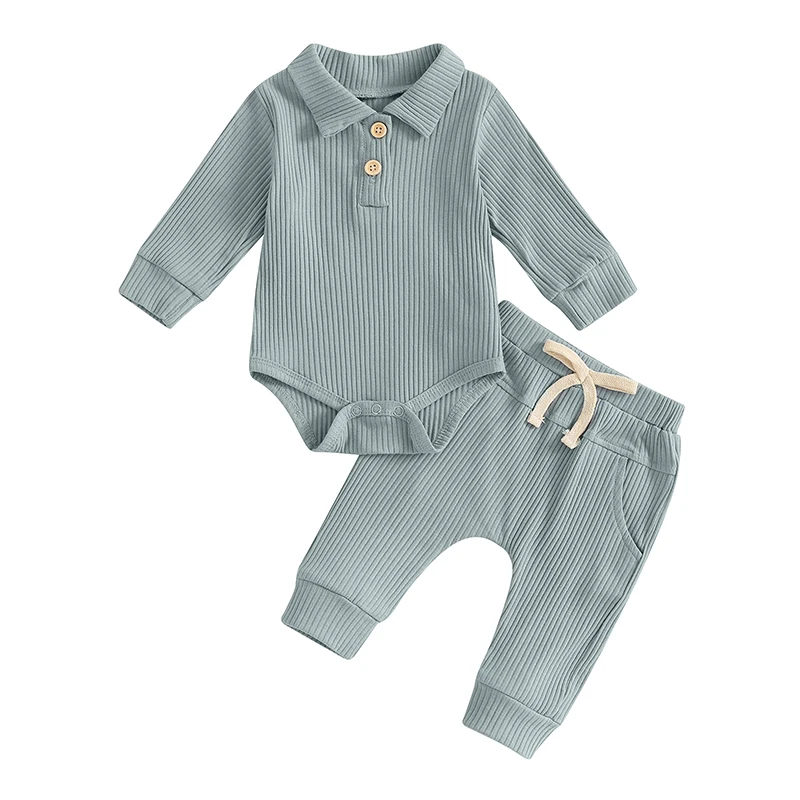 

2-Piece Baby Boys Ribbed Set Button Long Sleeve Lapel Neck Romper Drawstring Pocket Long Trousers Adorable Outfits