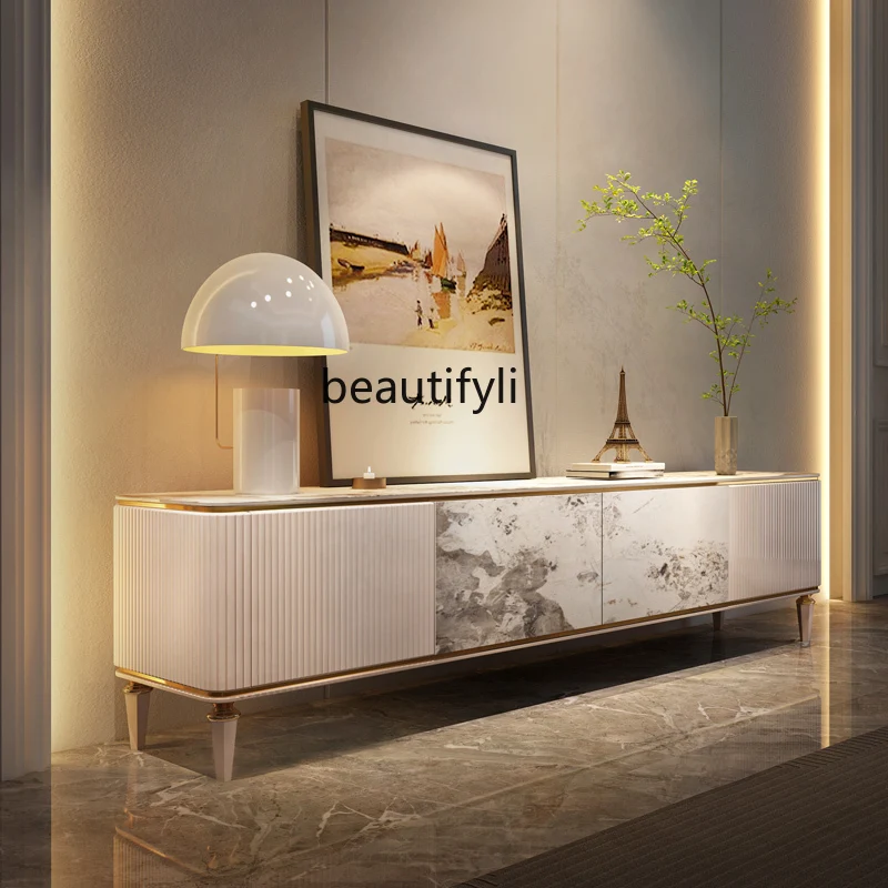 

French Retro TV Cabinet and Coffee Table Set for Villa Living Room, Rock Slab Storage Floor Cabinet