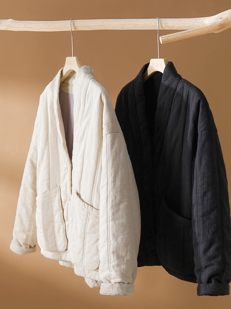 

Thickened Cotton Linen Jacket Women's Winter New Style Warmth Artistic Commute Loose Fit Single Button Closure Long Sleeve