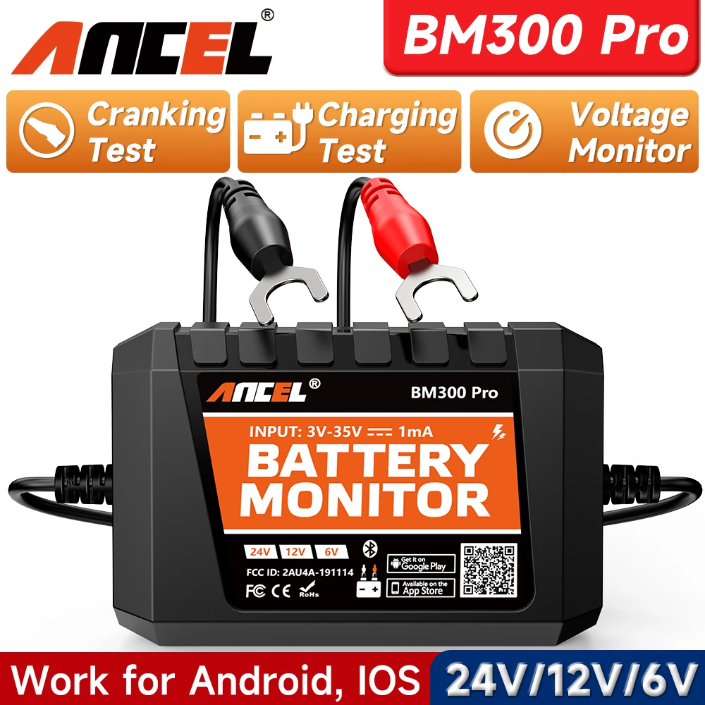 ANCEL BM300 PRO 6V 12V 24V Battery Tester Bluetooth Battery Health Analyzer Charging Cranking System Test/Alarm Battery Monitor