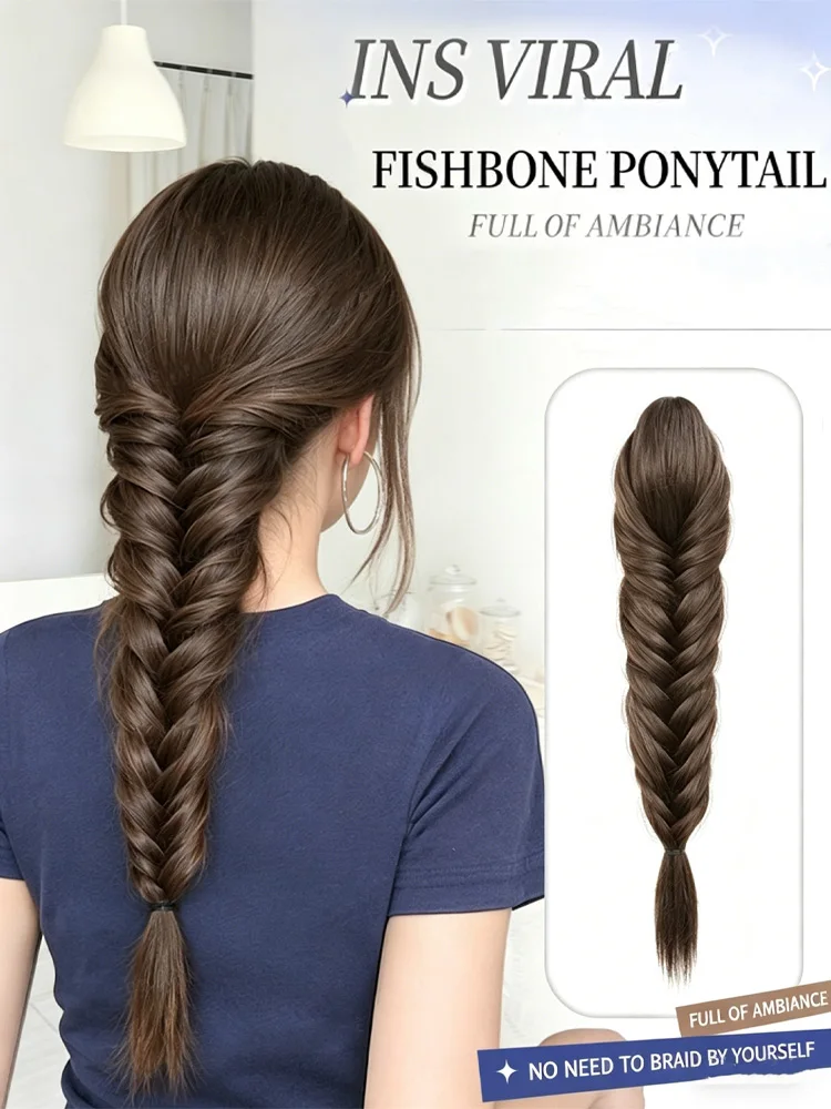 

16 inch fishbone braided ponytail extension, synthetic curly ponytail with grab clip,