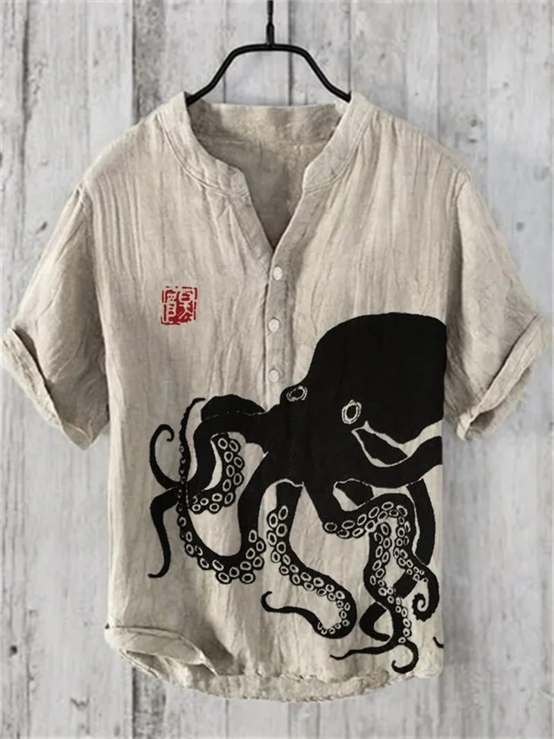 Men's short sleeved shirt with octopus pattern print, fashionable clothing, 2024 summer casual T-shirt