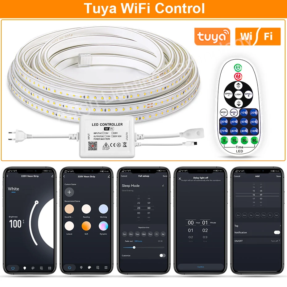 Tuya-스마트 LED 스트립 AC220V, 와이파이 밝기 조절 방수 유연한 테이프 2835SMD 레드 그린 야외 램프 블루투스 앱 제어 알렉사