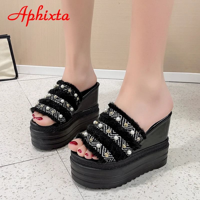 Aphixta Platform 12cm tacchi Super alti pantofole da donna altezza della perla che aumenta le diapositive scarpe con tacco a zeppa da donna sandali